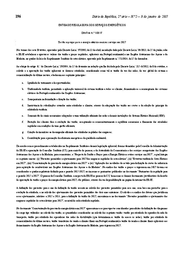 Directiva n.º 1/2017 — Tarifas e preços para a energia eléctrica e outros serviços em 2017