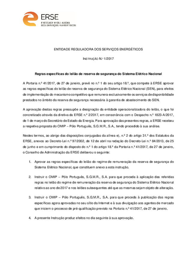 Regras específicas do leilão de reserva de segurança do Sistema Eléctrico Nacional