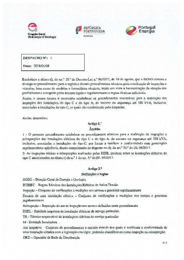 Despacho nº 1, de 08 de Agosto de 2018