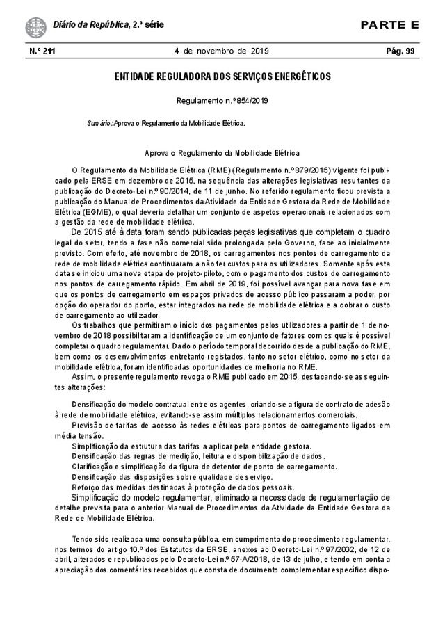 Regulamento n.º 854/2019 | Mobilidade eléctrica