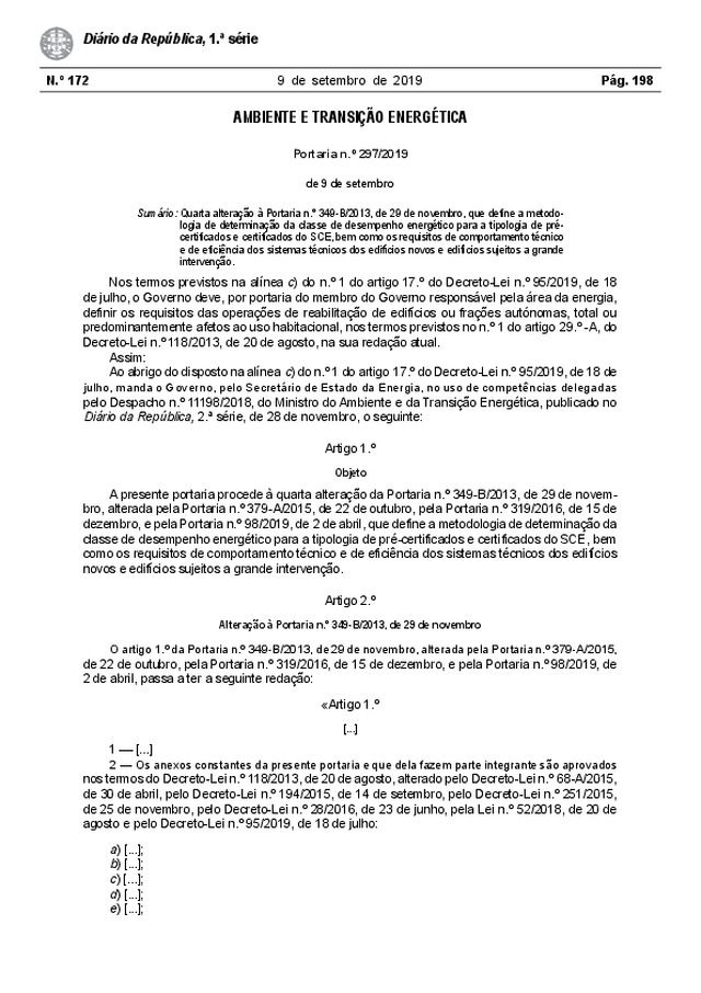 Portaria nº 297/2019 | Classe de desempenho energético