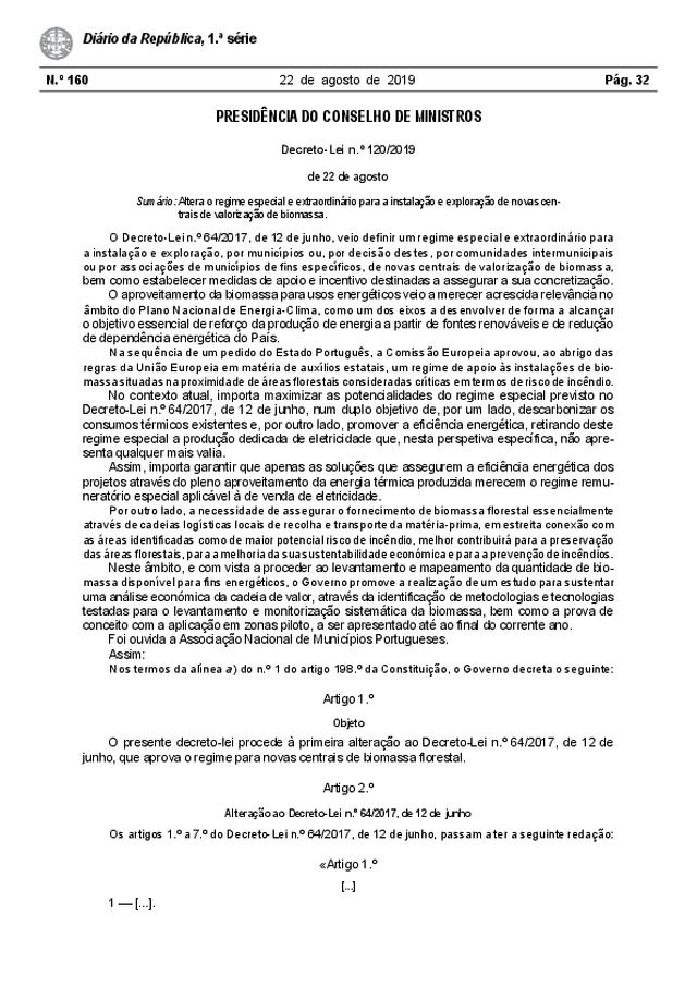Decreto-Lei n.º 120/2019 | Centrais de valorização de biomassa