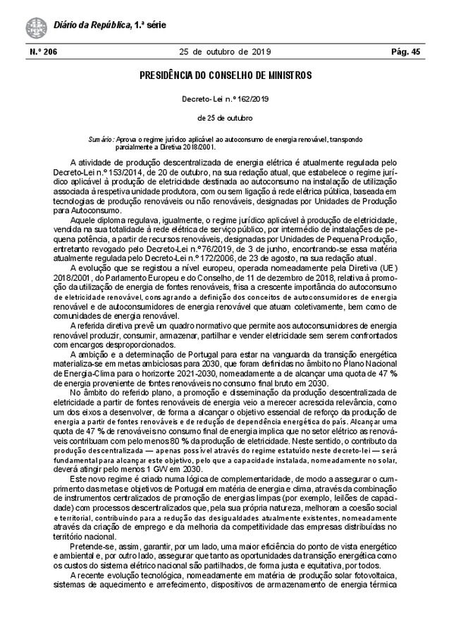 Legislação de auto-consumo | Decreto-Lei 162/2019