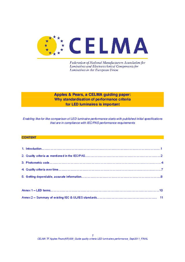 Guia técnico CELMA Apples & Pears de critérios de funcionamento de luminárias LED