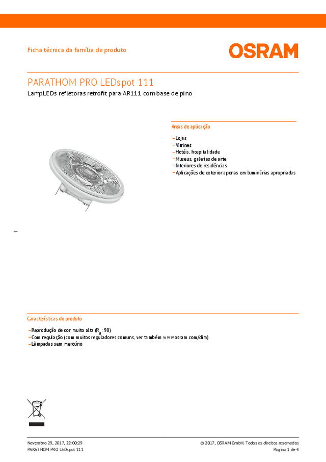 PARATHOM PRO LEDspot 111 — LampLEDs refletoras retrofit para AR111 com base de pino