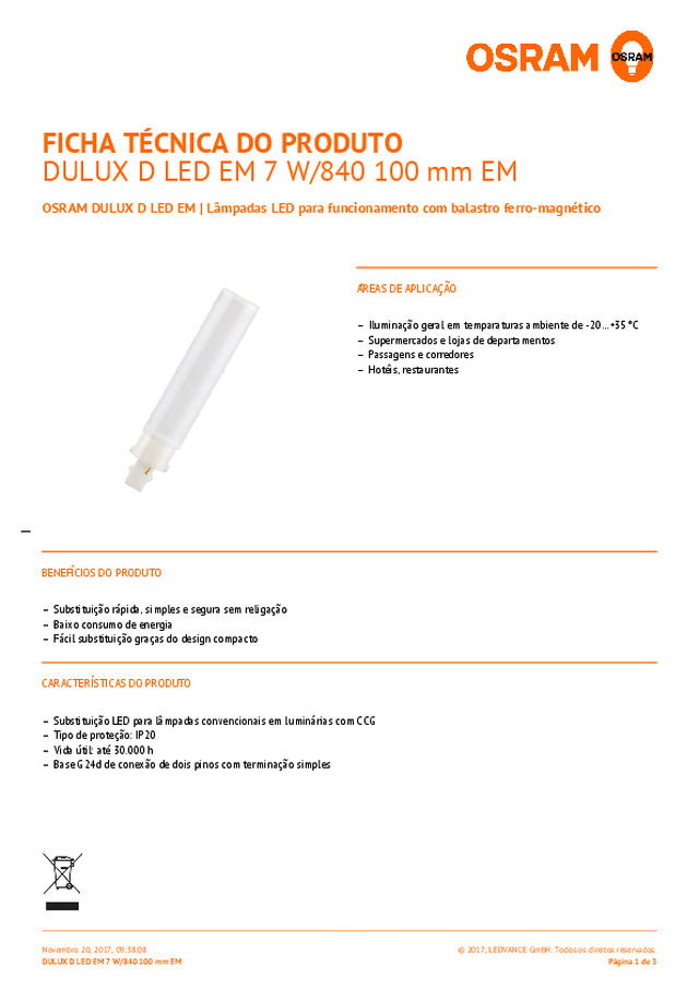 OSRAM DULUX D LED EM — Lâmpadas LED para funcionamento com balastro ferro-magnético