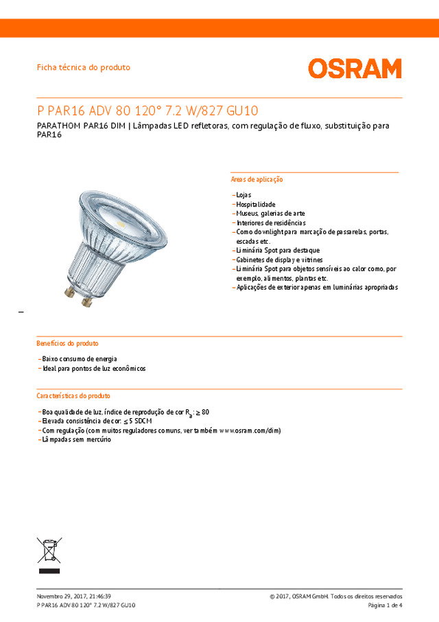 PARATHOM PAR16 DIM — Lâmpadas LED refletoras, com regulação de fluxo, substituição para PAR16