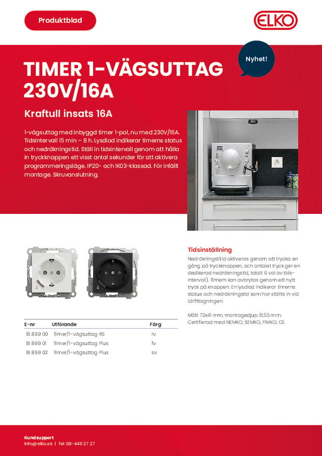 Timer 1-vägsuttag 230V/16A