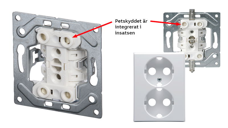 Vägguttag med petskyddet integrerat i insatsen