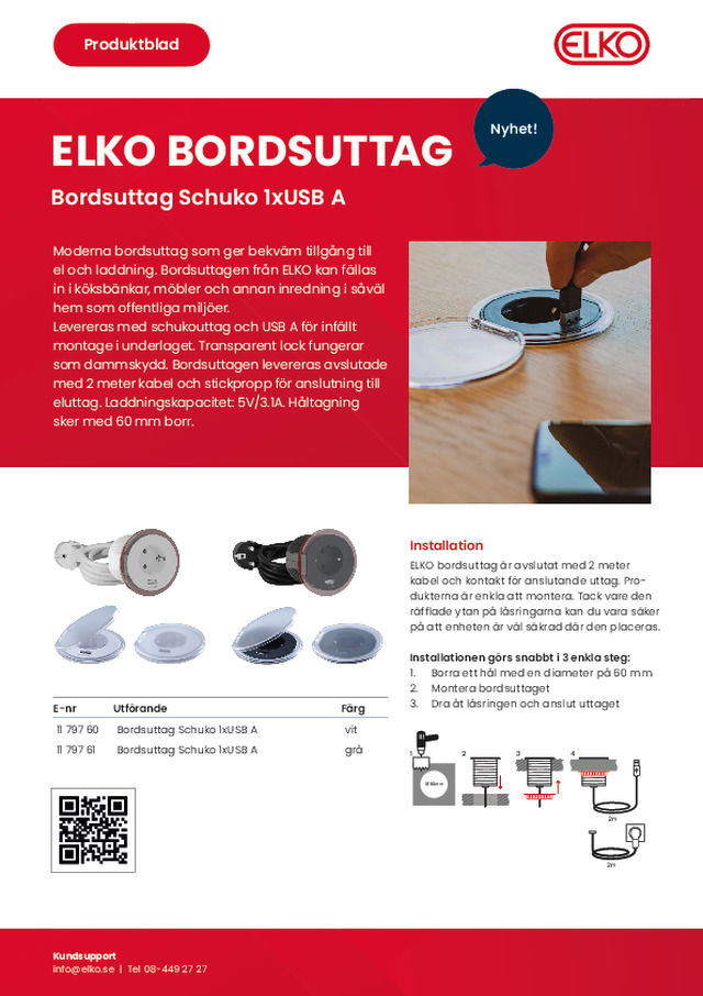 ELKO Bordsuttag Schuko 1xUSB A