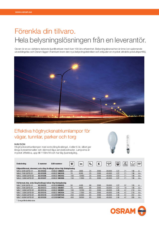 OSRAM Gatubelysning ljuskällor