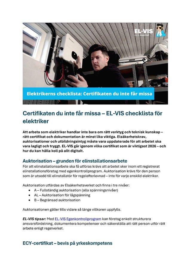 Certifikaten du inte får missa – EL-VIS checklista för elektriker