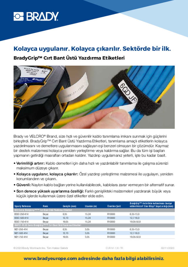 Brady Grip Cırt Bant Üst Yazdırma Etiketi