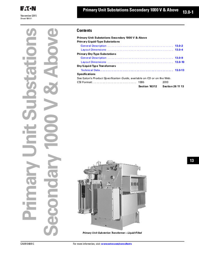 Primary Unit Substations Secondary 1000 V & Above
