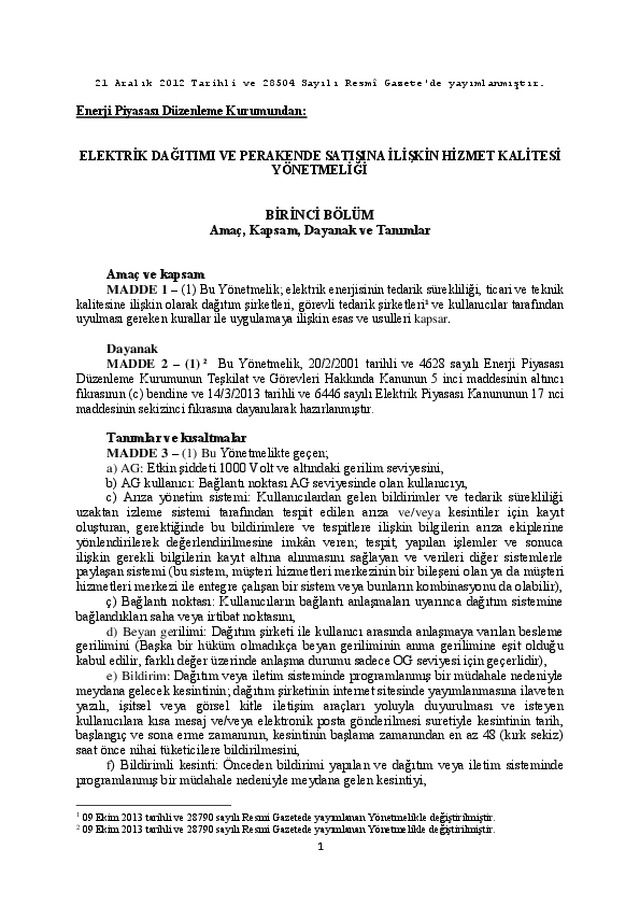 Elektrik Dağıtımı ve Perakende Satışına İlişkin Hizmet Kalitesi Yönetmeliği