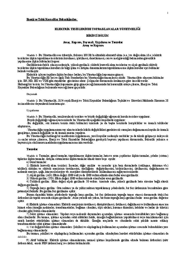 Elektrik tesislerinde topraklamalar yönetmeliği