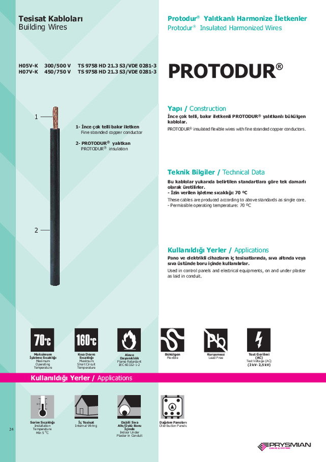 Protodur Yalıtkanlı Harmonize İletkenler tpks_h05v-k_h07v-k