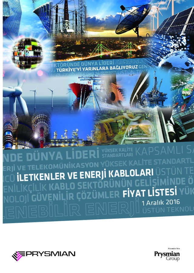 Prysmian 01 Aralık 2016 İletkenler ve Enerji Kabloları Fiyat Listesi