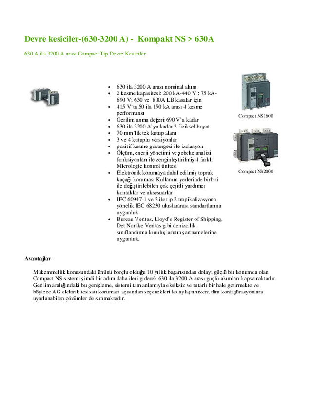 Compact NS 630A devre kesiciler 630-3200A