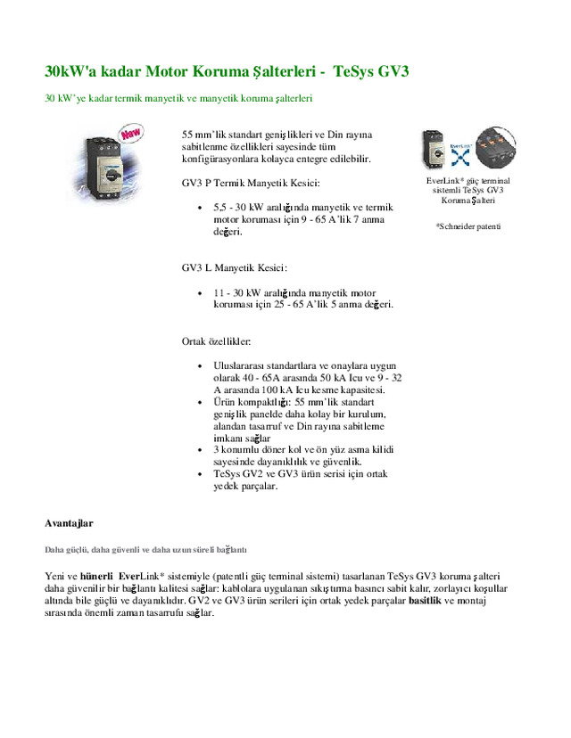30kWa kadar Motor Koruma Salterleri - TeSys GV3