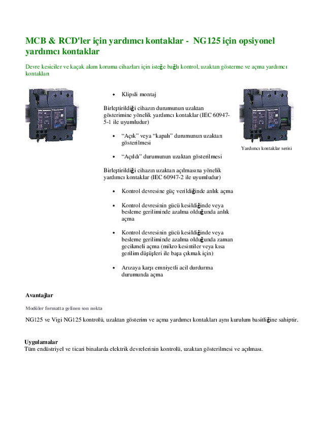 NG125 icin opsiyonel yardimci kontaklar