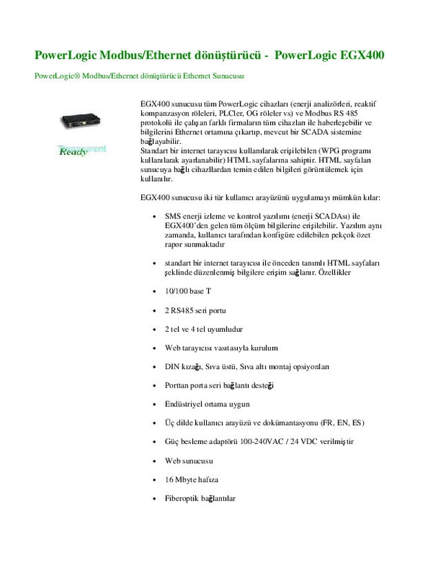 PowerLogic Modbus/Ethernet döüştürücü PowerLogic EGX400