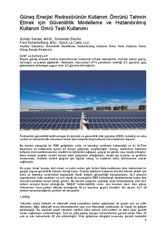 Güneş Enerjisi Redresörünün Kullanım Ömrünü Tahmin Etmek için Güvenilirlik Modelleme ve Hızlandırılmış Kullanım Ömrü Testi Kullanımı