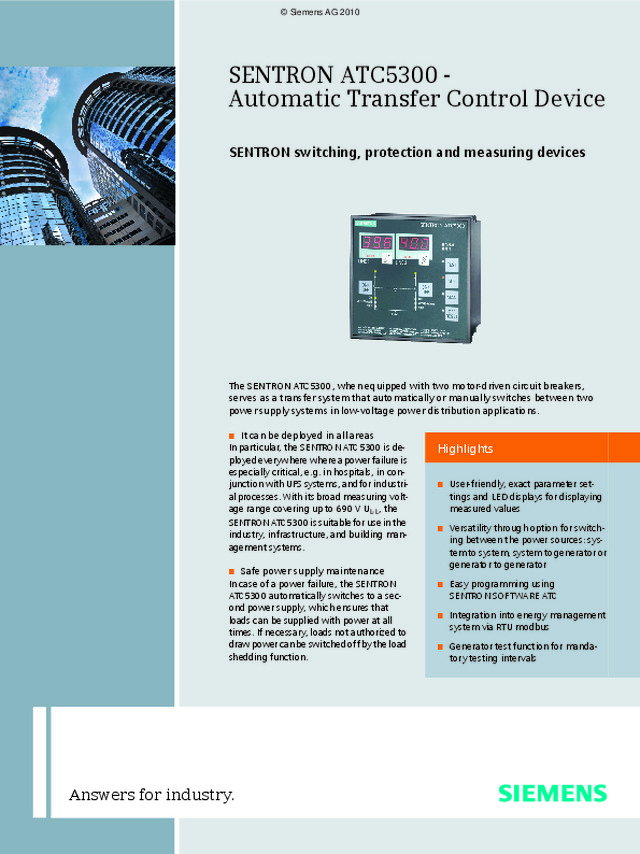 Sentron ATC 5300 Otomatik Transfer Kontrol Sistemi Broşürü- 2015