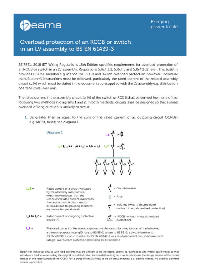 Overload protection of an RCCB or switch in an LV assembly to BS EN 61439-3