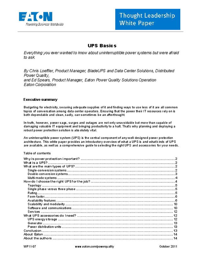 Eaton - White Paper - UPS Basics - Everything you ever wanted to know about UPS but were afraid to ask