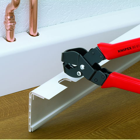 Vinyl Shears and Notching pliers from KNIPEX: Special pliers for cutting and shortening cable ducts and for notching recesses into plastic ledges and plastic casings.