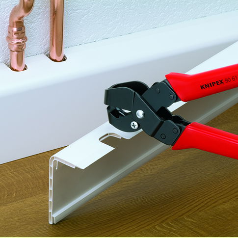 Vinyl Shears and Notching pliers from KNIPEX: Special pliers for cutting and shortening cable ducts and for notching recesses into plastic ledges and plastic casings.