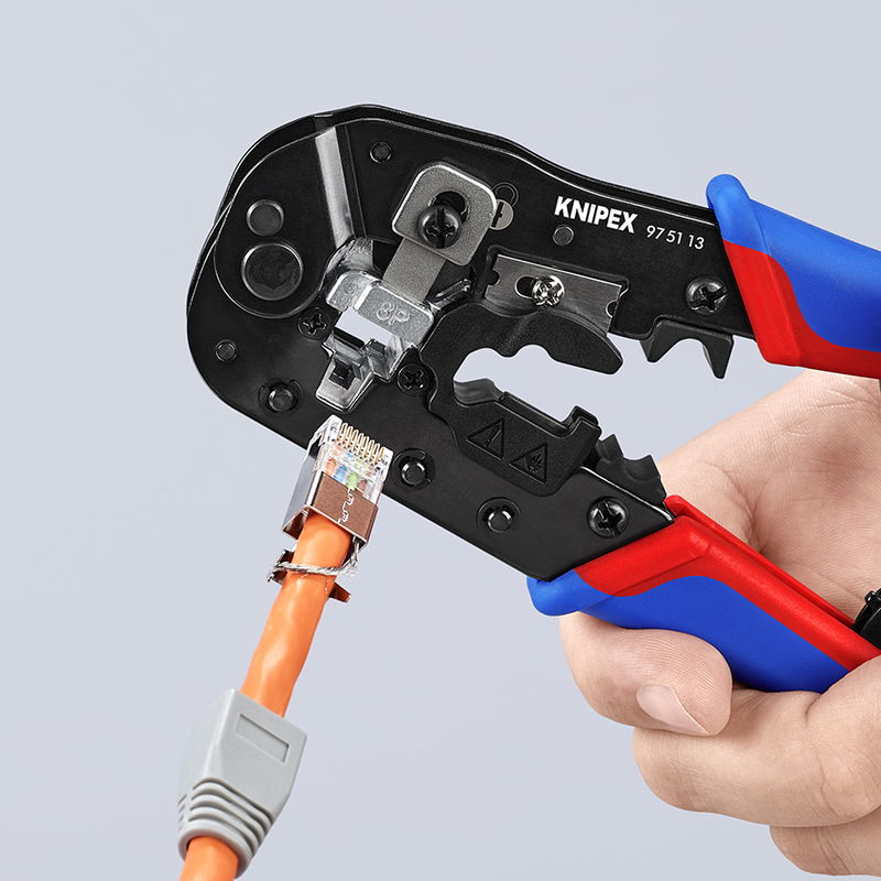 All-in-one tool for cable cutting, stripping of round cable and crimping of common RJ45 plugs