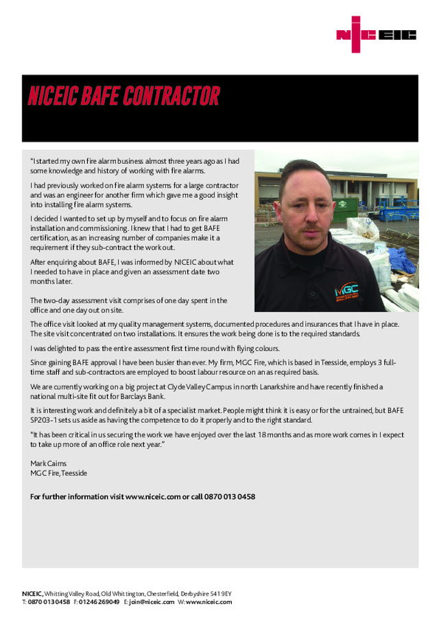 NICEIC - BAFE CONTRACTOR - Case Study - 2016