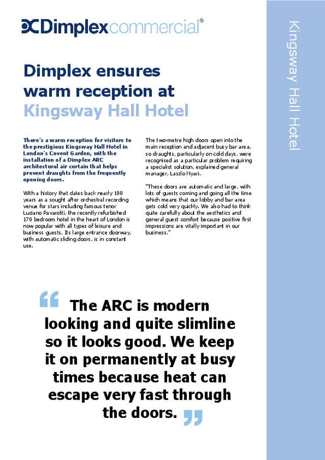 Dimplex ensures warm reception at Kingsway Hall Hotel