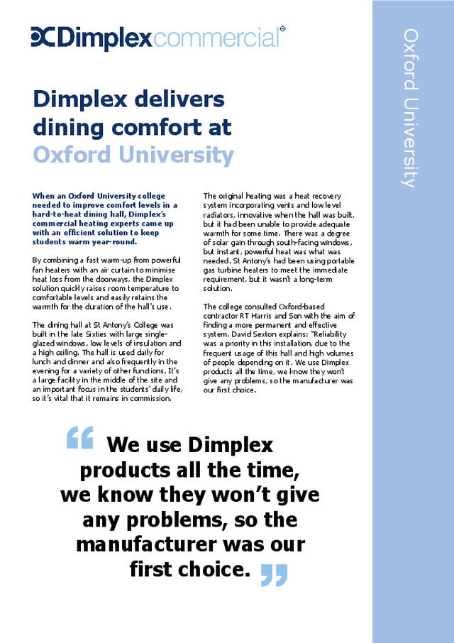 Dimplex delivers dining comfort at Oxford University