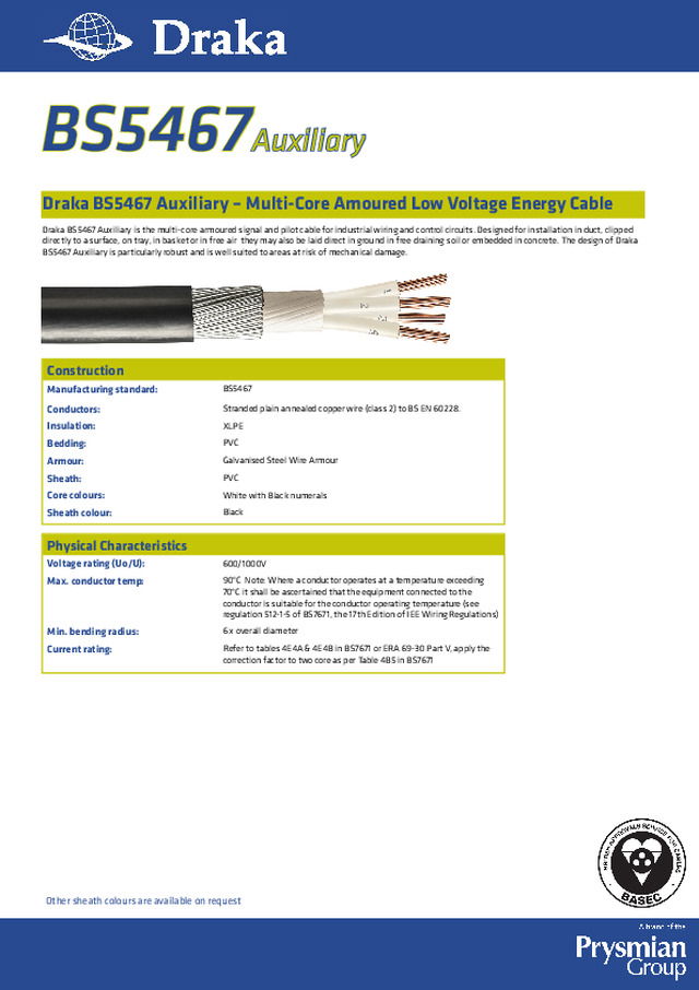 Draka - Product catalogue - BS5467 Auxiliary - Multi-Core Amoured Low Voltage Energy Cable