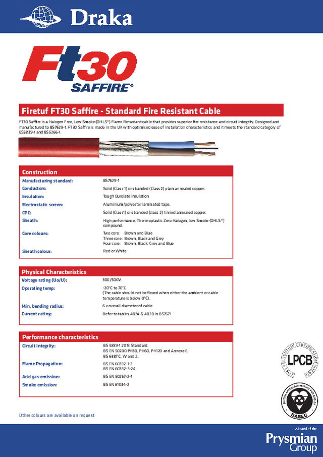 Draka - Product catalogue - Firetuf FT30 Saffire - Standard Fire Resistant Cable