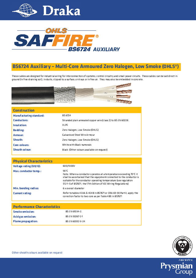 Draka - Product catalogue - BS6724 Auxiliary - Multi-Core Armoured Zero Halogen, Low Smoke (OHLS®)