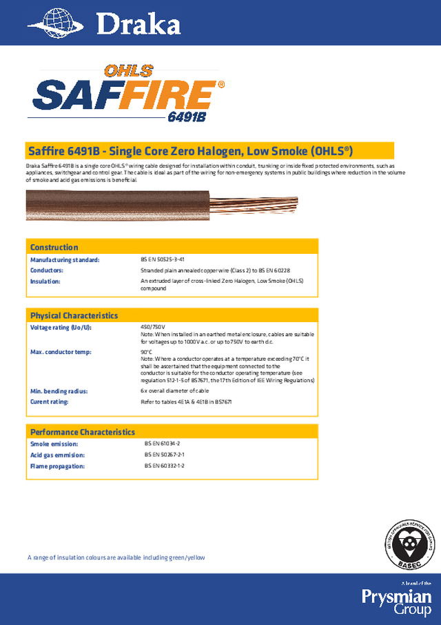 Draka - Product catalogue - Saffire 6491B - Single Core Zero Halogen, Low Smoke (OHLS®)