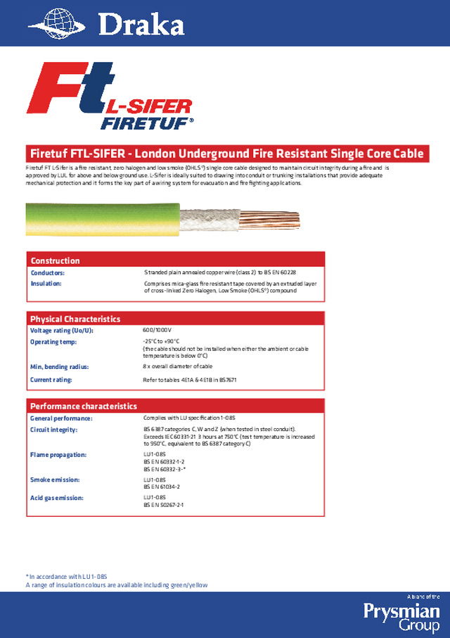 Draka - Product catalogue - Firetuf FTL-SIFER - London Underground Fire Resistant Single Core Cable
