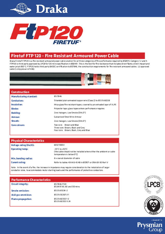 Draka - Product catalogue - Firetuf FTP 120 - Fire Resistant Armoured Power Cable
