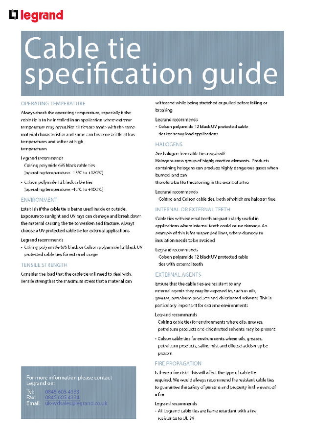 Legrand - Technical Guide - Cable tie specification guide