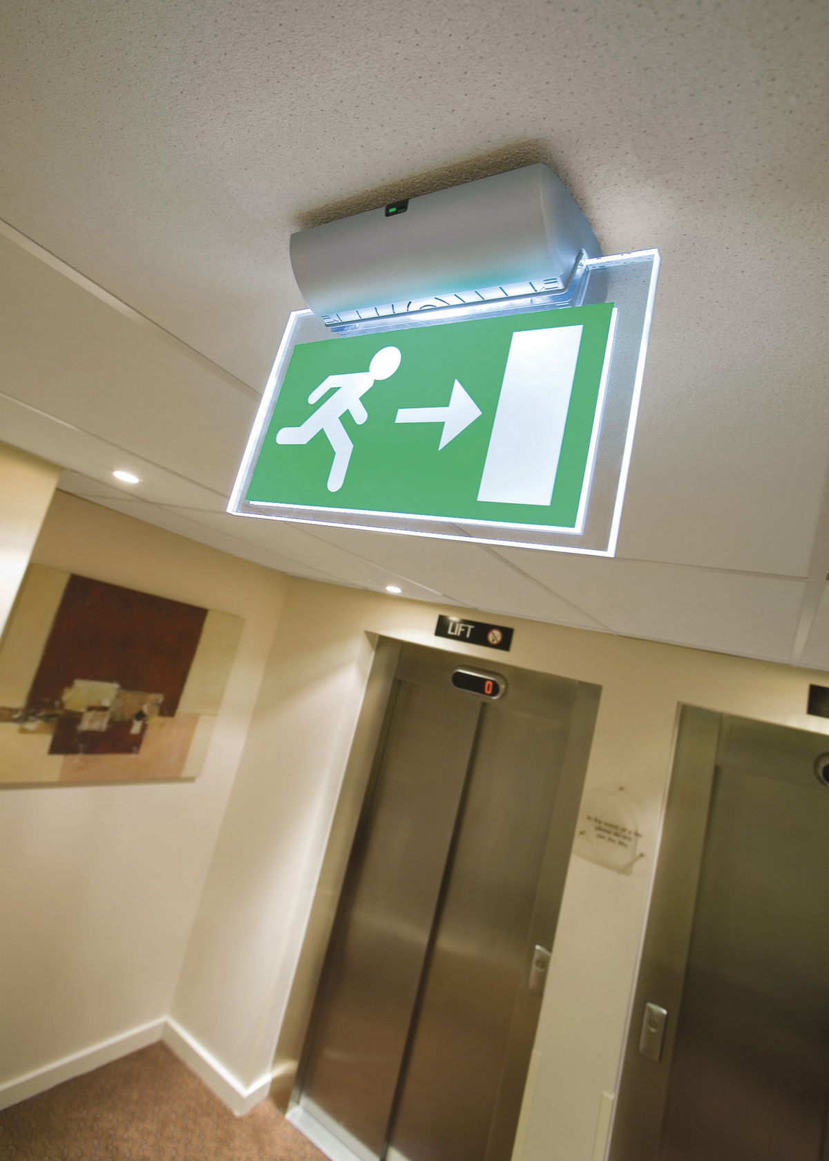 Stylish LED-based Menvier Evoled exit sign requires minimal maintenance