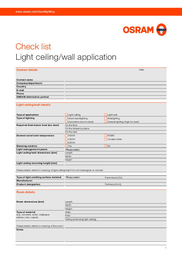 Light ceiling/wall application check list - Osram - 2017