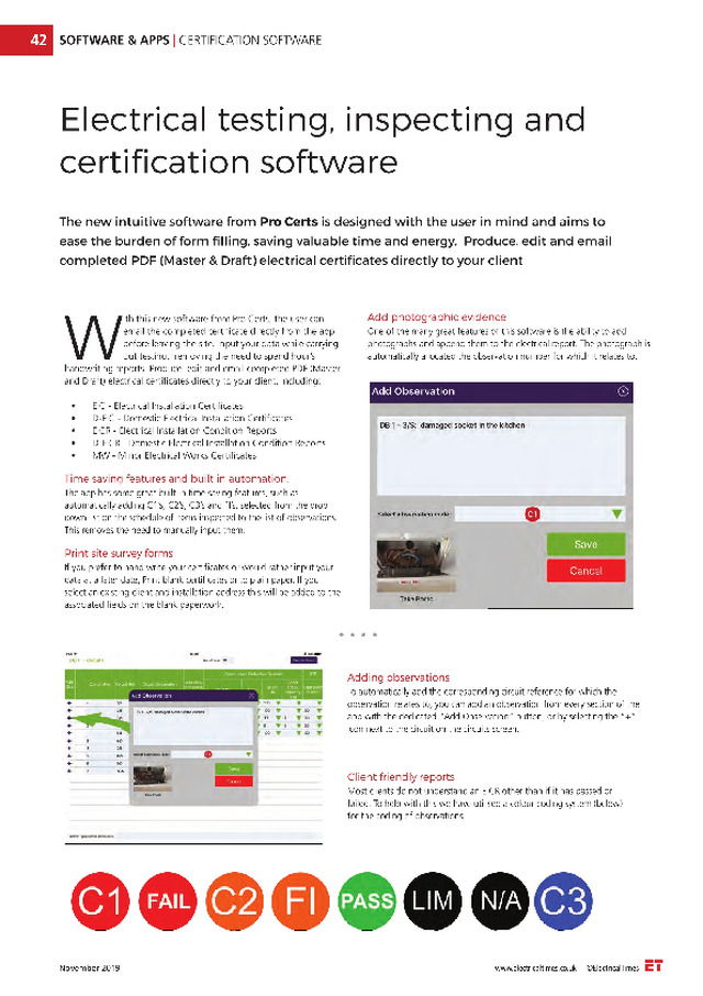 Electrical testing, inspecting and certification software