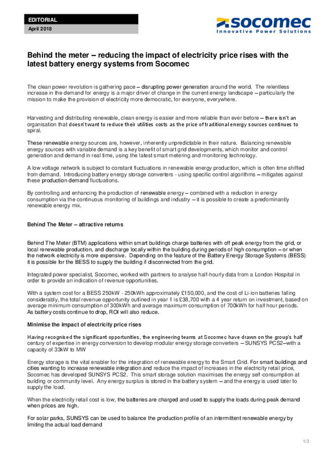 Behind the meter – reducing the impact of electricity price rises with the latest battery energy systems from Socomec