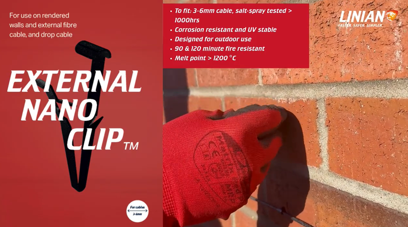 LINIAN External NanoClip for use on rendered walls, external fibre cable and drop cable